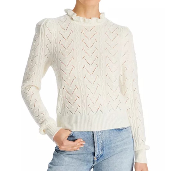 AQUA 100% Cashmere White Cropped Sweater Puff Sleeve Pointelle Knit XS - Picture 11 of 13